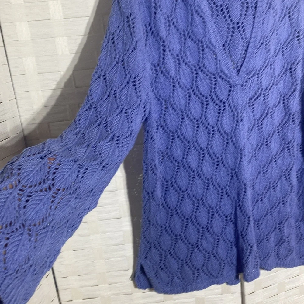 Sigrid Olsen Periwinkle V Neck Hooded Crochet Long Sleeve Top Size XL - Picture 3 of 11